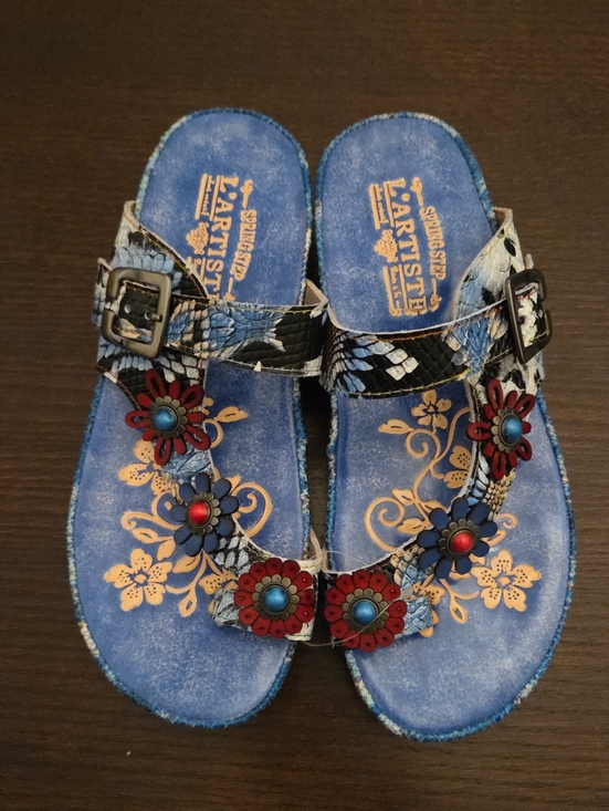 L'artiste Shoes - L'Artiste Kindness Slide Blue Floral Embellished Slide Sandals Spring Step